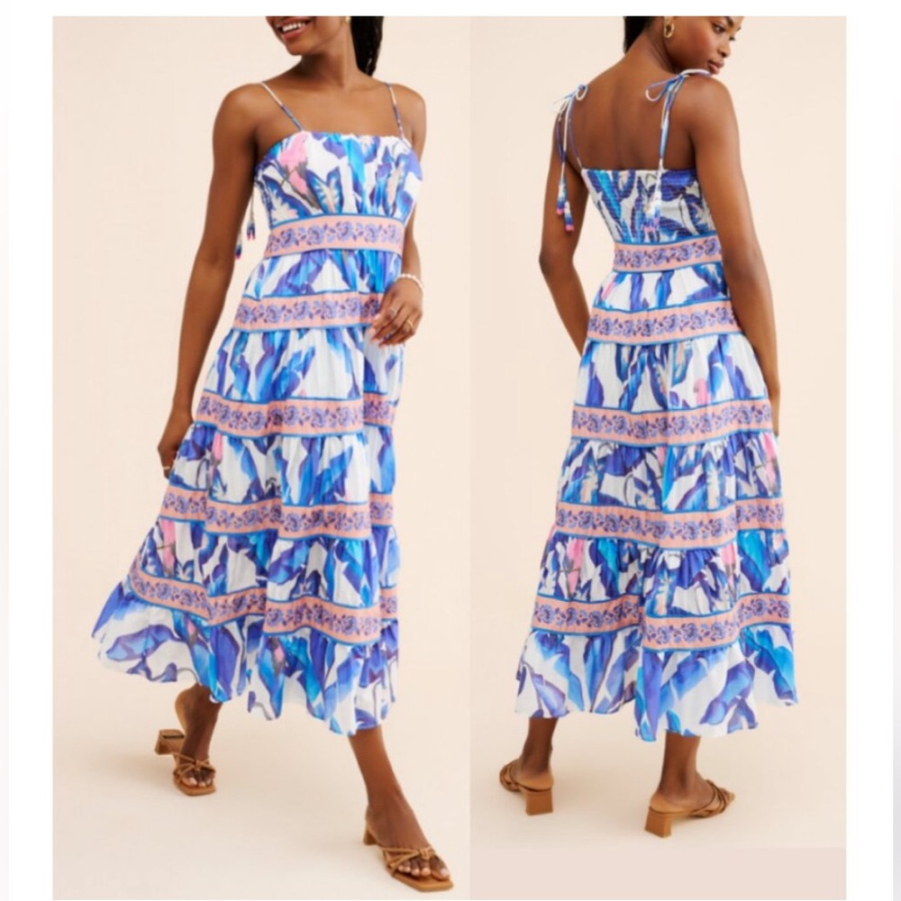 FARM Rio Blue, Pink & White Tiered Smocked Midi Dress